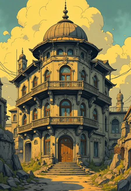 Japanese Manga style Poster, Art by Thomas Haller Buchanan. A digital illustration shoot from a front camera angle about an old, dilapidated building with a large, ornate balcony and a round, domed roof lit by warm, golden light. the building is situated in the middle of the image, with its distinctive architecture and ornate details standing out against the muted colors of the sky and clouds in the background. it has multiple arched windows and a large wooden door, with a balcony on the second floor, and a clock tower on the left side. the lighting is soft and warm, casting a golden glow on the building, creating a sense of serenity and tranquility. the overall style is reminiscent of a fantasy art piece, with intricate details and a touch of realism, making it a captivating piece of art.