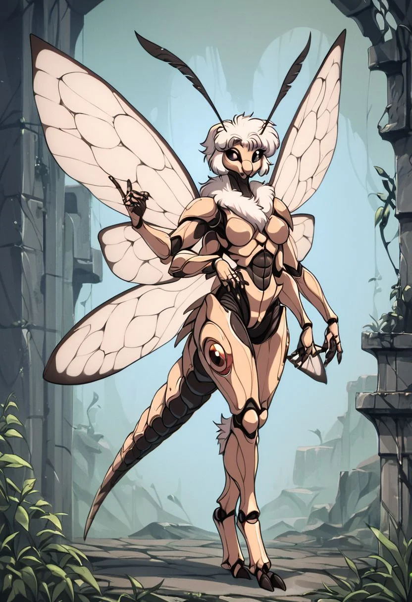 score_9, score_8_up, score_7_up, score_6_up, score_5_up, score_4_up,
source_furry, rating_explicit,
solo, female,
brown and white body, fur, grey fur, fluffy, furred body,
short hair, white hair,
anthro,
arthropod, insect, arthropod abdomen, black eyes, exoskeleton, joints
moth, lepidopteran, lepidopteran wings,
4 wings, multi wing, wings,
2 antennae, antennae anatomy,
2 toes, toes, feet, digitigrade,
4 arms, 5 fingers, fingers, multi arm,
smile, pose,
ruins,
detailed background, digital art, hi res, detailed, fantasy art,
Vintage, 1990s \(style\), 90s4n1m3, retro artstyle