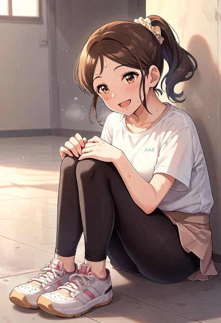 score_9, score_8_up, score_7_up, source_anime, ayase honoka, brown hair, brown eyes, 1girl, ponytail, solo, leggings, sneakers, shoes, smile, scrunchie, sweat, sitting, open mouth, blush