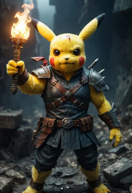 A photo of a (menacing demon pikachu lord:1.3), (curved horns:1.2), piercing Darth Vader red eyes, luminous yellow hair, (grinning skull-like face:1.0), muscular build, (pointing directly at viewer:1.2), surrounded by an army of (ghouls and Dragon mens figures:1.1), flickering candlelight, exterior battle camp setting, (ominous soldier with rifle:1.1), atmospheric dread, gothic horror theme, Sony A7R IV, 1/60s, f/2.8, ISO 1000, cinematic composition, HDR imaging, detailed textures, macabre mood, RAW photography, professional grade,photography in the style of Labirynth movie, close up of (awful) and (sweet) creature with sword stained with (blood), in a gigant ancient and ruined labirynth ,fantasy,hyper detailed, real skin imperfections, hard lighting, bokeh, ((curi:1.2))armor Dragonian