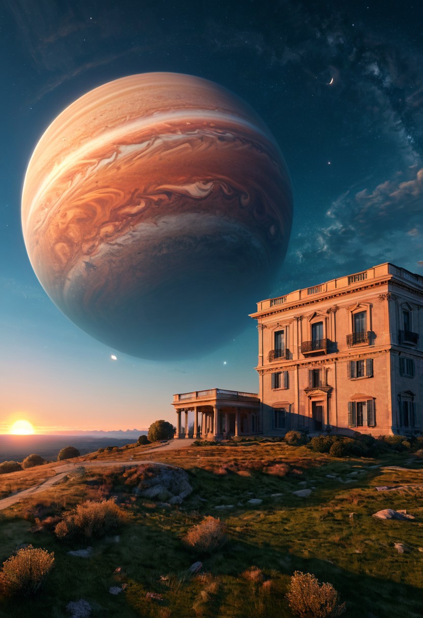 a serene landscape with a singular building at sunrise with a giant jupiter appearing in the sky, digital art, concept art, octane render, unreal engine 5, hyperrealistic, highly detailed, high quality, 4K, low contrast, soft lighting, path tracing, complementary colors, natural lighting, geometric <lora:add-detail-xl:0.7>, <lora:xl_more_art-full_v1:0.7>