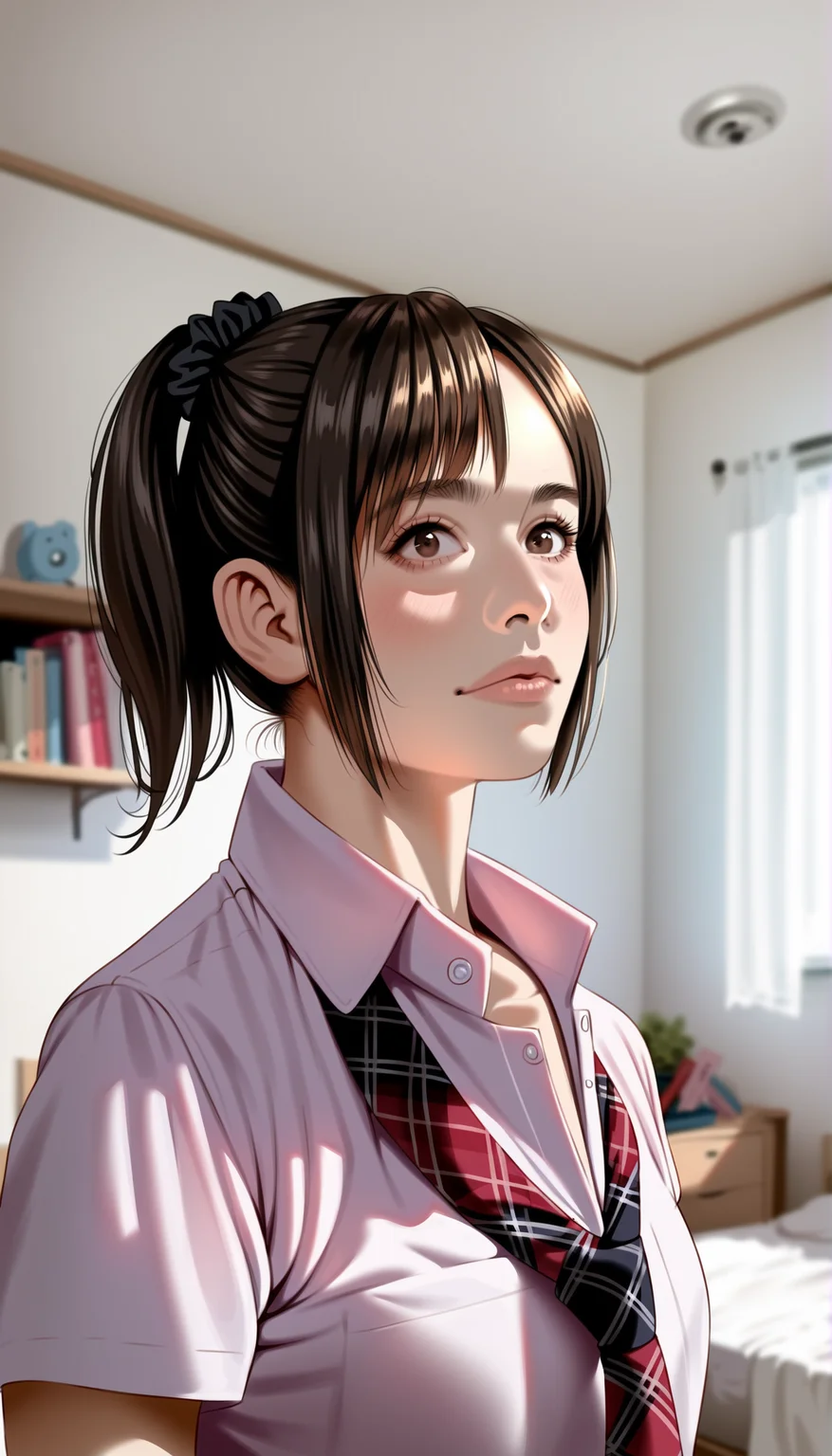 score_9,score_8_up,score_7_up,
highly detailed,highres,photorealism,realistic,
<lora:miiyamotohikari:0.9>,miiyamotohikari,
1girl,solo,black hair,bangs,black scrunchie,brown eyes,school uniform,pink collar shirt,red plaid necktie,portrait,
blurry background,indoors,bedroom,white wardrobe,ceiling,bed,pillow,desk,wooden floor,dome light,