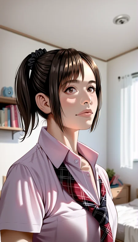 score_9,score_8_up,score_7_up,
highly detailed,highres,photorealism,realistic,
<lora:miiyamotohikari:0.9>,miiyamotohikari,
1girl,solo,black hair,bangs,black scrunchie,brown eyes,school uniform,pink collar shirt,red plaid necktie,portrait,
blurry background,indoors,bedroom,white wardrobe,ceiling,bed,pillow,desk,wooden floor,dome light,