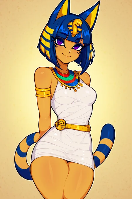 score_9, score_8_up, score_8, medium breasts, (curvy), cute, eyelashes, BREAK, , BREAK, zzEgyptian, animal crossing, animal ears, zzAnkha, armlet, backlighting, bare shoulders, belt, blonde hair, blue hair, blunt bangs, blunt ends, bob cut, cat ears, cat girl, cat tail, closed mouth, cropped, daniel deng, dark skin, dress, eye of horus, eyelashes, eyes visible through hair, facial tattoo, humanization, purple eyes, shiny skin, short hair, slit pupils, tattoo, usekh collar, white dress , <lora:Egyptian_PDXL:0.8>,, <lora:Afrobull_PDXL_v5:0.8>, , BREAK, smile, looking at viewer, cowboy shot, embedding:zPDXL, Expressiveh, <lora:SDXLFaeTastic2400:0.5>, <lora:Expressive_H-000001:0.4>,