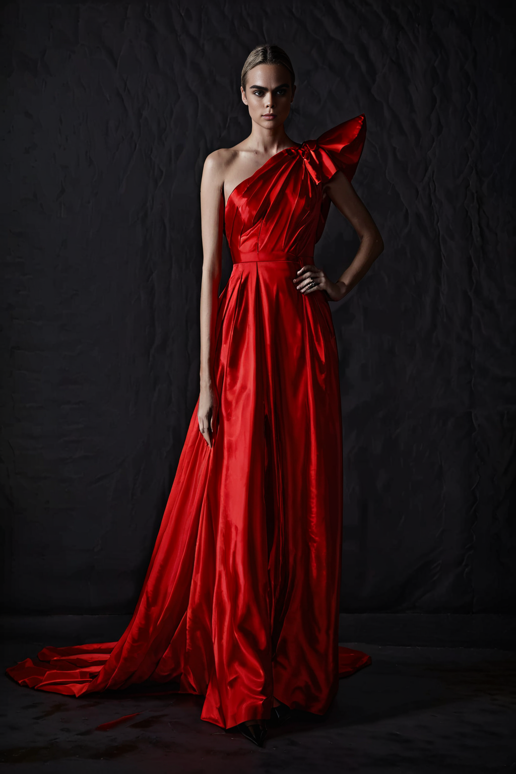 Cara Delevingne wearing red ((balanciagacoturefiftyone)) gown <lora:balanciagacoturefiftyoneSDXLV1-000014:0.9> in studio with black backdrop, posing, full body, editorial photography, award winning photography, fashion photography,(sharp focus),(subject focus,),high quality, 4k, UHD