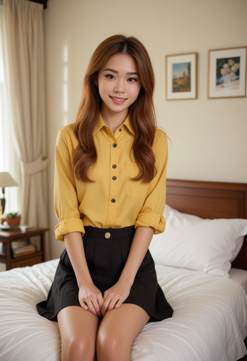 (medium full shot) of (lovely school student) young woman, thai, straight hair, brown eyes, light brown skin, tan skin, brown eyes, petite build, long ginger shag cut hair,  wearing a yellow button-up shirt with rolled sleeves, A-line skirt, knee-high boots, black bow hair clip, set in  Bedroom, Serene retreat with a queen-sized bed adorned with fluffy pillows, a bedside table with a lamp, a dresser with a mirror, a cozy reading nook with a comfortable armchair, a window overlooking the garden, smiling at the viewer, Masterpiece,best quality, photorealistic, amazing quality, very aesthetic, extremely detailed face,