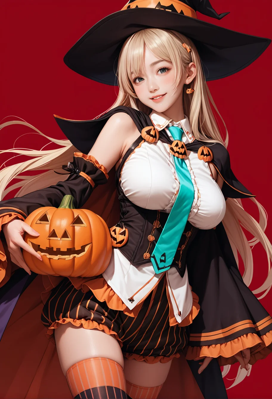 1girl,cowboy shot,red background,,ruanyi1053,aqua necktie,cape,detached sleeves,frills,halloween costume,jack-o'-lantern,vertical-striped thighhighs,vertical-striped shorts,wide sleeves,
medium breasts,blonde hair,very long hair,<lora:1053 halloween costume_v1_pony:1>, score_9, score_8_up, score_7_up, score_6_up, score_9, score_8_up, score_7_up, score_6_up source_anime, blush, 1girl, seduce smile, perfect body , natural huge breasts