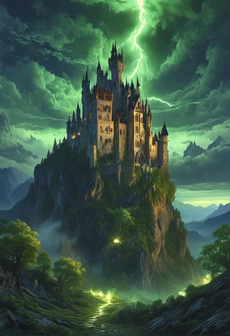 A captivating night scene illustration featuring a forboding and haunted castle on a great  great mountain. The castle and mountain are much like Neuschwanstein Castle in Bavaria.  This enchanting artwork captures a dark and ominous night, where an ominous green moon hangs above  over the  tree covered mountain range and castle which  stands resolute amidst the great mountains,  green lightning strikes down from the sky, creating a cinematic experience., illustration, cinematic
<lora:DonM3t3rn1tyXL-v1.1:0.7>, DonM3t3rn1tyXL,
OverallDetailXL  <lora:MJ52:0.3>  <lora:SDXLFaeTastic2400:0.4>  <lora:EpicF4nta5yXL:0.7>