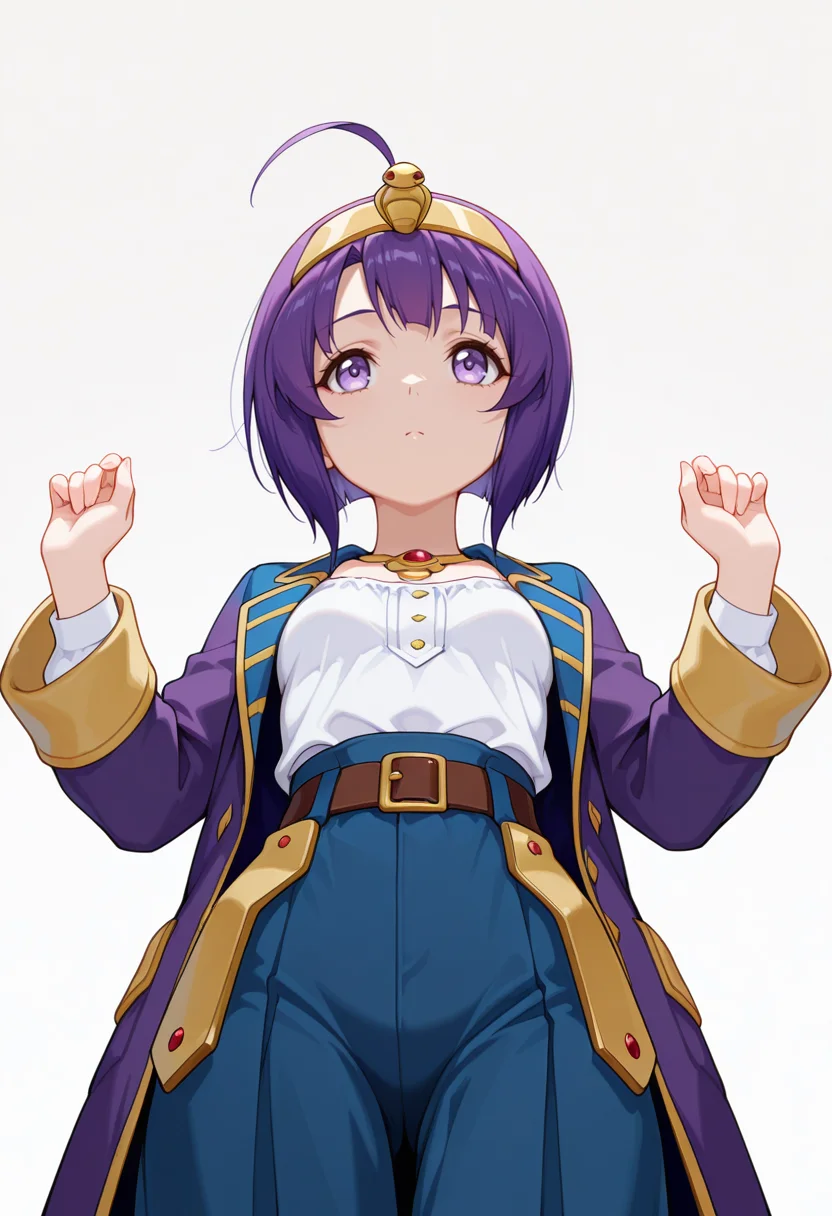 Smooth Quality,masterpiece,very intricate, high quality details, ultra realistic, high detailed skin,detailed enviorement,absurdres,
curled fingers,
<lora:Medusa_CNR:0.8> medusa_cnr, 1girl, purple hair, short hair, ahoge, bangs,purple eyes, small breasts, hairband, egyptian,, exhausted,, simple background, white background, from below,solo,, long coat, ,blouse, ,spats, ,