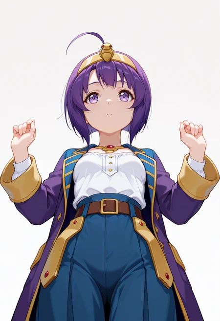 Smooth Quality,masterpiece,very intricate, high quality details, ultra realistic, high detailed skin,detailed enviorement,absurdres,
curled fingers,
 <lora:Medusa_CNR:0.8> medusa_cnr,  1girl, purple hair, short hair, ahoge, bangs,purple eyes, small breasts, hairband, egyptian,, exhausted,, simple background, white background, from below,solo,, long coat, ,blouse, ,spats, ,