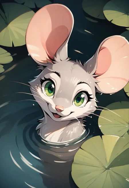 score_9, score_8_up, score_7_up, score_6_up, score_5_up, score_4_up,
[][][]
(((mouse))), (feral), (furry:0.7), female, solo, (fluffy), (fluffy cheeks:0.7), cute
[][][][][]
zzCitronCAT, in the style of beatrix potter, flat color,
[][][][][]
grey fur, grey ears, green eyes, (side view), (excited expression), swimming, head above water, (close up) (head and shoulder portrait:1.4), looking at viewer, water, nature, smile, waving to viewer, ((wet fur)), high angle view, (small ears)