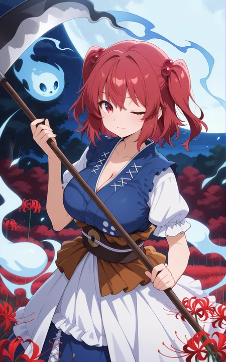 absurdres, highres, masterpiece, best quality, amazing quality, official anime artwork, screencap, anime screencap, looking at viewer, one eye closed, light smile, outdoors,
<lora:Komachi-Onozuka_Illustrious:1> onozuka komachi, 1girl, solo, red hair, short hair, red eyes, two side up, hair ornament, large breasts,, sash, blue upshirt, white short sleeves, holding scythe,
light particles, spider lily, sky, tree, night, moon, souls, hitodama,