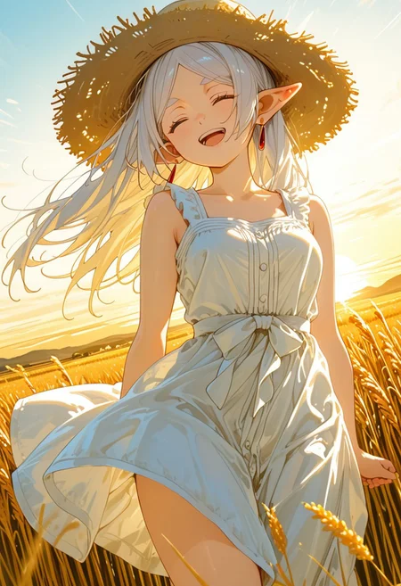 ((dynamic angle:2.5)), ,
, 1girl (frieren), ,
white dress, straw hat, A young girl running through a golden wheat field at sunset, laughing as the wind carries her forward. The golden stalks bend in waves, and a faint spirit of the wind dances beside her, visible only as a shimmer. The scene glows with warmth and freedom,
,
, score_9, score_8_up, score_7_up, source_anime,