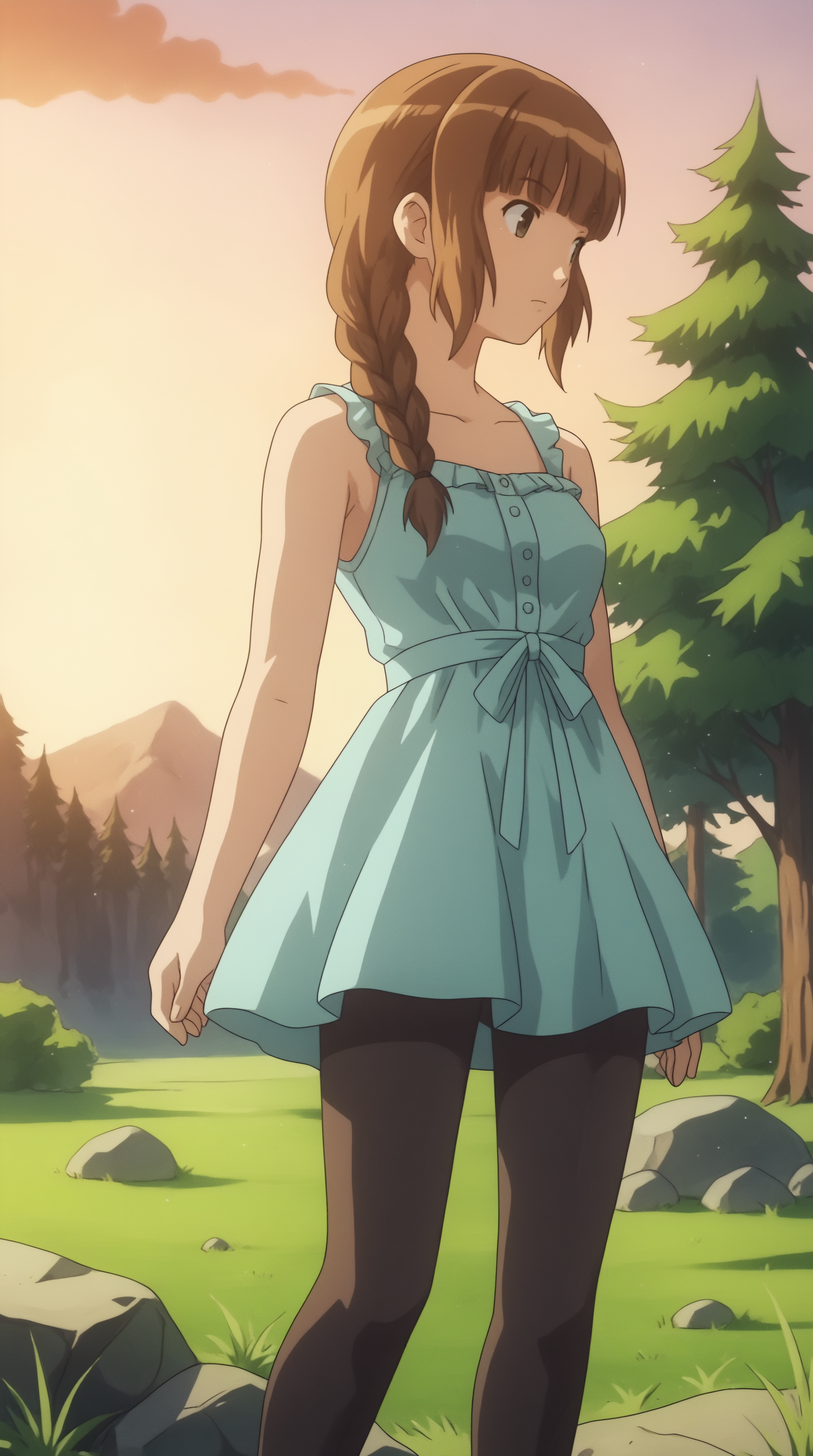 score_9, score_8_up, score_7_up, best background, detailed background, 4k, upscale, anime_source,  Mao Mizusawa, solo, dress, standing, pantyhose, outdoors, black pantyhose, tree, grass, sunset, rock  <lora:JN_Mao_Mizusawa_Pony:0.8>