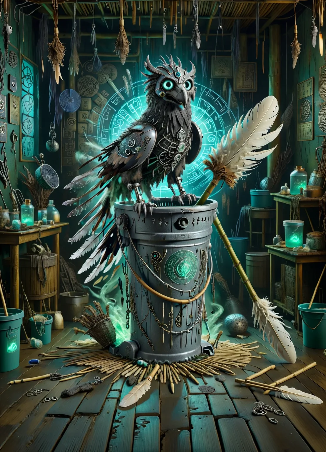 DonM50u13ff1g13XL augmented reality escape room, cybernetic implants,mop and bucket,griffin feather,fan, bamboo flooring, moonlight, accent lighting, cyber-occultism <lora:DonM50u13ff1g13XL:1>