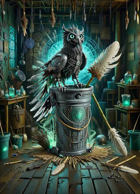 DonM50u13ff1g13XL augmented reality escape room, cybernetic implants,mop and bucket,griffin feather,fan, bamboo flooring, moonlight, accent lighting, cyber-occultism <lora:DonM50u13ff1g13XL:1>