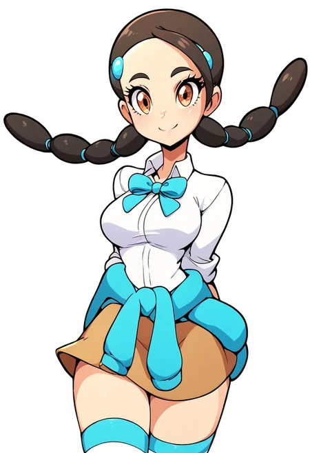 score_9, score_8_up, score_8, medium breasts, (curvy), cute, eyelashes,       
zzCandice,  hair ornament, twintails,  hairclip, striped socks, bowtie,  sweater around waist, brown skirt,
, zPDXL, p4st3lg0r3