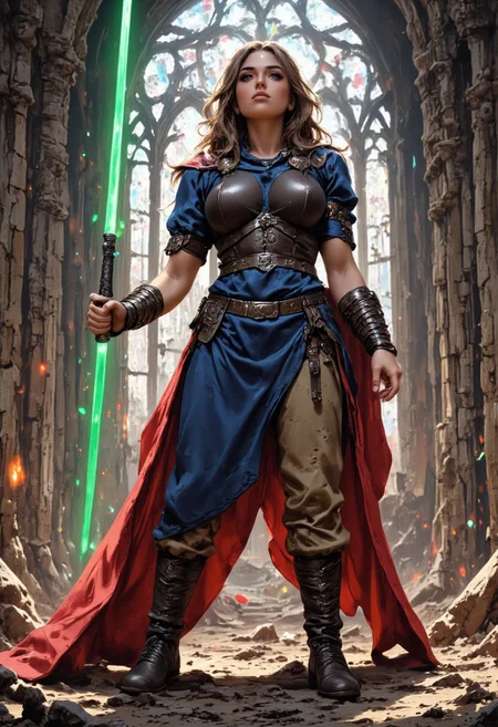 ultra-detailed illustration image, star wars style and mythp0rt, closeup portrait of an astonishingly beautiful female jedi knight, 19 years old, with very-pale skin and hazel eyes. She is skinny, and has a slender figure. She has small breasts and a thin waist. She has back-length dark-brown hair, with sharp cheekbones and a defined jawline. Her clothing is a combination of Sci-Fi and Ancient Roman influences, wearing a long blue tunic, cleavage, a long flowing tattered red cloak, corset, and tight-fitting tan pants, with belts. She is also wearing piecemeal sci-fi Ancient Rome inspired armor such as one pauldron, a breastplate, bracers, and a pair of boots. She is holding a green lightsaber in one hand, standing in an epic and glamorous action pose. She is standing within a beam of sunlight within a destroyed stone cathedral with partially destroyed stained-glass windows that is scattering rainbow light across the background. The image includes directional lighting, masterpiece, perfect composition, perfect hands, perfect face, perfect body, gymnast body, cartoon, dllj02, brown hair, soft freckles, long hair, 1woman is dollj02, dark-brown hair, Dainty Wilder!