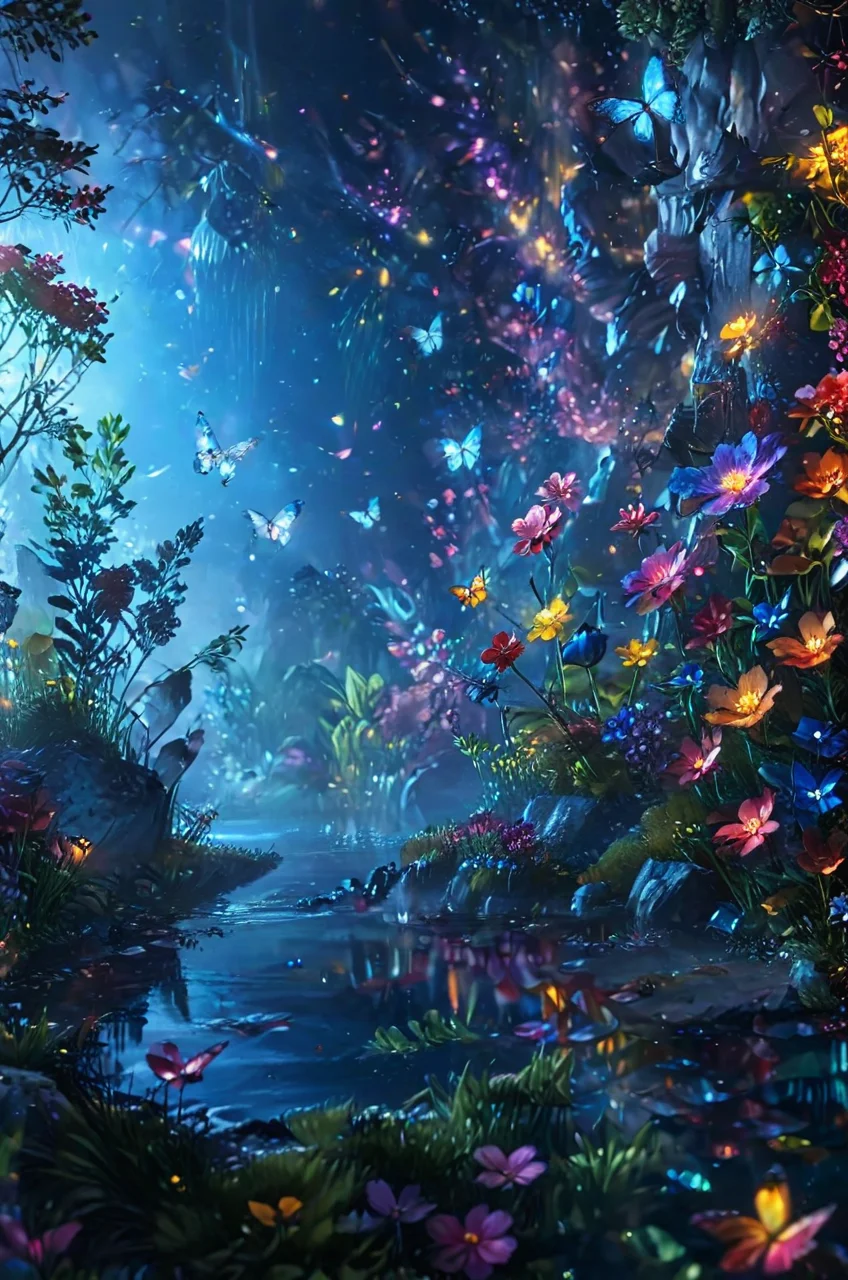 ultra realistic highly very detailed fantasy meadow, trees, grass, very realistic highly very detailed sea of colorful flowers ultra very realistic extremely highly detailed (crystal clear lake:1.6),1girl, sharp focus, ultra realistic extremely detailed (colorful butterflies:0.9), ultra realistic extremely very detailed (scenery:1.2), ultra-detailed, (by exquisite colors block),masterpiece,best quality,unreal engine 5 rendering, movie light,movie lens,movie special effects,detailed details,HDR,UHD,32K,CG wallpaper,intricate details (colorful particles:0.8) (colorful flowers:1.4), cinematic angle, magical look, fantasy setting, soft ray of light, glitter background, <lora:add-detail-xl:2.4> , cinematic light, digital painting, hyper realistic, photo realistic, high quality textures, vivid colors, <lora:NightScapes_XL:1> NightScapes<lora:sdxl_lightning_8step_lora:1>