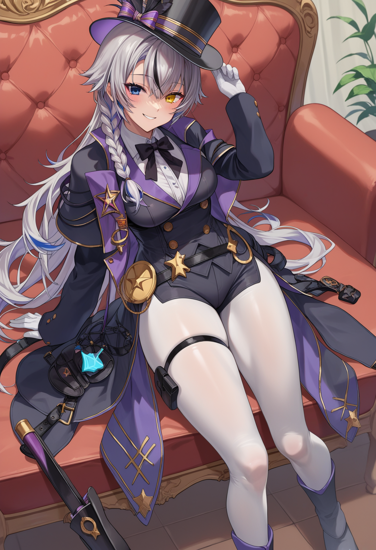 score_9, score_8_up, score_7_up, source_anime, rating_explicit,
BREAK
1girl, 
<lora:shiPhamtonV1:1.0> shipham, grey hair, long hair, yellow eyes, blue eyes, 
heterochromia, braid, multicolored hair, 
top hat, white gloves, black jacket, belt, leotard, belt pouch, black shorts, 
white pantyhose, thigh strap, boots, black footwear, 
looking at viewer, smile,