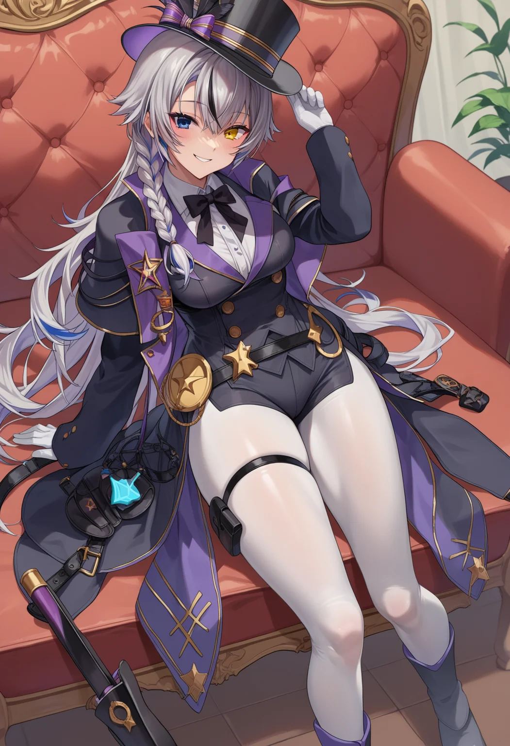 score_9, score_8_up, score_7_up, source_anime, rating_explicit,
BREAK
1girl,
<lora:shiPhamtonV1:1.0> shipham, grey hair, long hair, yellow eyes, blue eyes,
heterochromia, braid, multicolored hair,
top hat, white gloves, black jacket, belt, leotard, belt pouch, black shorts,
white pantyhose, thigh strap, boots, black footwear,
looking at viewer, smile,