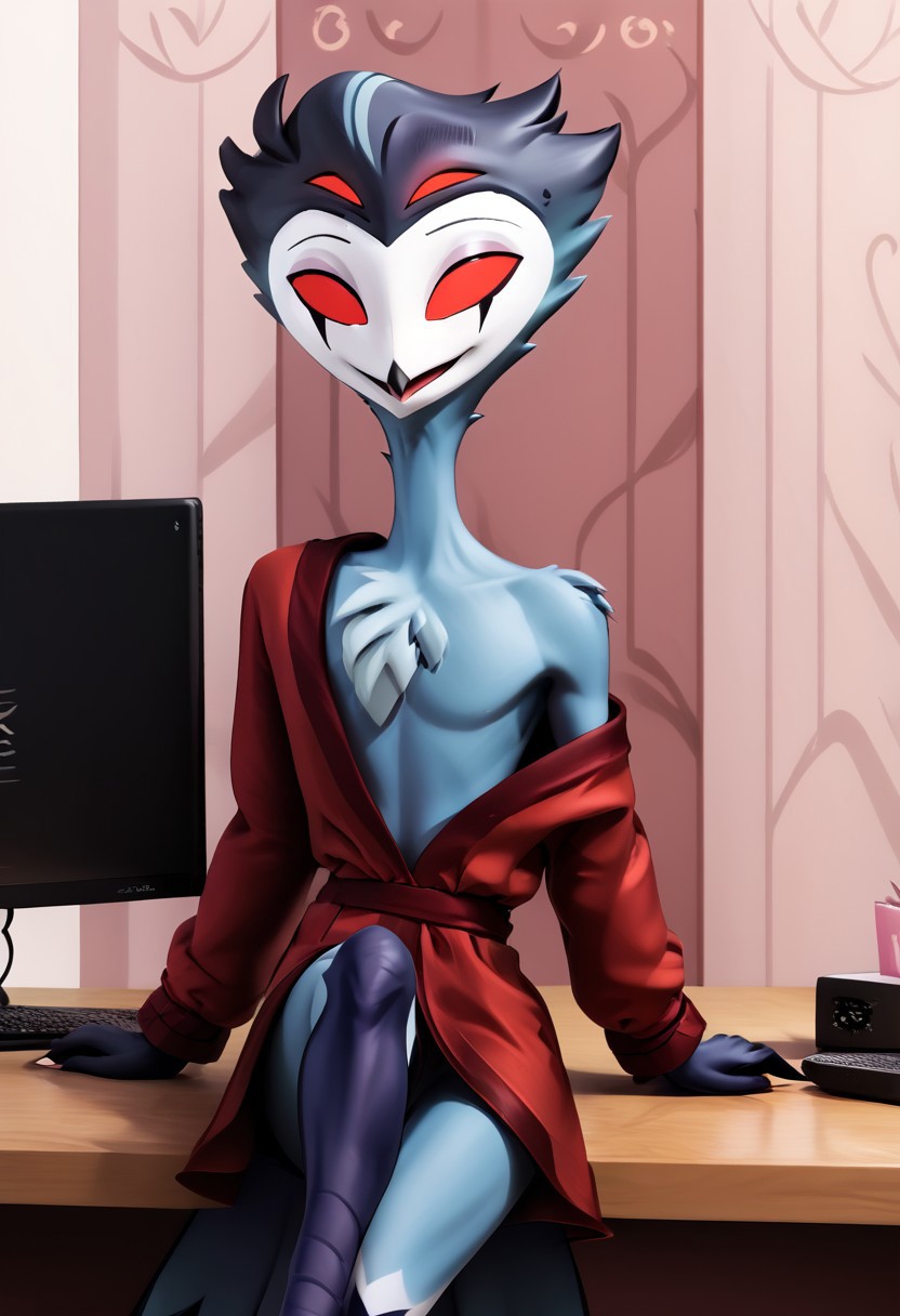 Stolas Goetia of Helluva Boss, 34 years old, relaxed, nice and cozy red morning gown, home, computer_on_fire, sitting behind desk, StlsGtia_Dskfll, stolas, N0R3AL_PDXL, PonyXLV6_Scores, blue body, feathers, bird, anthro, anthro bird, white face, red sclera, black hands, messy hair, large messy hair, dark blue messy hair, 4eyes, two sets of eyes, tail, bird tail, black and blue legs, (male anthro bird:1.3).