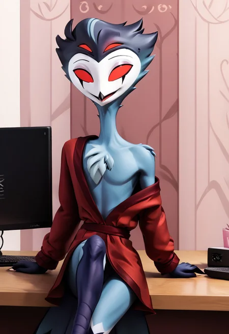 Stolas Goetia of Helluva Boss, 34 years old, relaxed, nice and cozy red morning gown, home, computer_on_fire, sitting behind desk, StlsGtia_Dskfll, stolas, N0R3AL_PDXL, PonyXLV6_Scores, blue body, feathers, bird, anthro, anthro bird, white face, red sclera, black hands, messy hair, large messy hair, dark blue messy hair, 4eyes, two sets of eyes, tail, bird tail, black and blue legs, (male anthro bird:1.3).