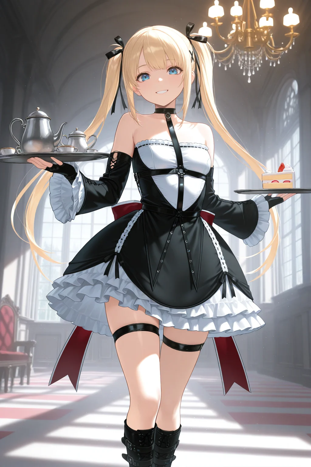 masterpiece, best quality, 1girl, solo <lora:marierose-illu-nvwls-v1-000006:1> mrirs, blonde hair, twintails, long hair, blue eyes, black ribbon, hair ribbon, x hair ornament, choker, harness, frilled dress, gothic dress, two-tone dress, detached sleeves, frilled sleeves, black gloves, fingerless gloves, thigh strap, black boots, platform boots, excited, smile, holding tray, slice of cake, looking at viewer, mansion, chandelier, teapot