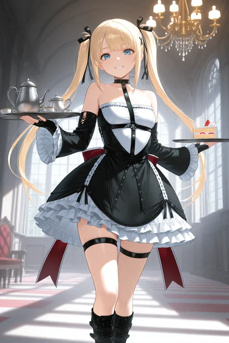 masterpiece, best quality, 1girl, solo <lora:marierose-illu-nvwls-v1-000006:1> mrirs, blonde hair, twintails, long hair, blue eyes, black ribbon, hair ribbon, x hair ornament, choker, harness, frilled dress, gothic dress, two-tone dress, detached sleeves, frilled sleeves, black gloves, fingerless gloves, thigh strap, black boots, platform boots, excited, smile, holding tray, slice of cake, looking at viewer, mansion, chandelier, teapot