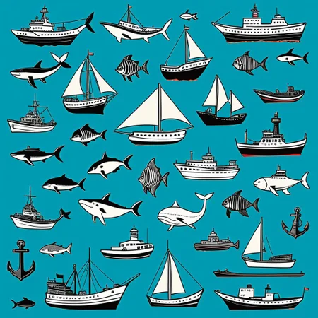 Nautical-themed (weird creatures:1.5). Sea, ocean, ships, maritime, beach, marine life, highly detailed,