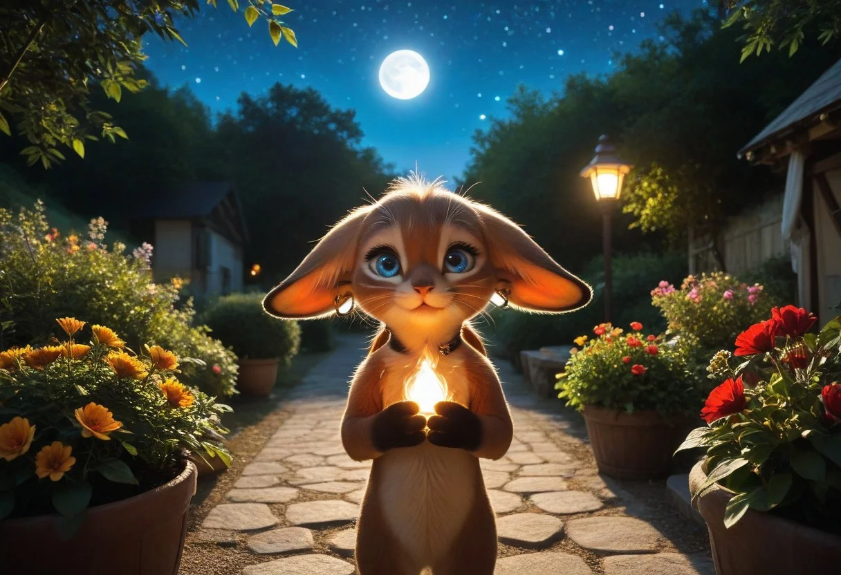 (masterpiece:1.5), 8k, best quality, ultra-detailed, (high res), cinematic lighting, beautiful lighting, high quality, studio quality, detailed, insanely detailed, extreme detail, refined detail, perfect detail, max detail, smooth lighting, detailed background, hyper detailed body, beautiful lighting, vibrant lighting, global illumination, absurdres, high-res, dynamic lighting, score_9, score_8_up, score_7_up, ponypositive, 50 girl, looking at viewer, (narrow waist, skinny, small body, slim), (outdoors, floral garden), bright lighting, daylight, sunshine, cute, kawaii, (closed mouth), happy, ((standing)), alone, gleaming eyes, large eyes, ((cowboy shot)), (hands at the sides), (rating_safe, sfw), source anime, <lora:xl_more_art-full_v1:0.8> , PonyXLV6_Scores, unity 8k wallpaper, perfect anatomy, <lora:PerfectEyesXL:1> , perfect eyes, <lora:hand 5.5:1> , perfect hands, detailed hands, winnie, furry female, brown fur, blue eyes, low twintails, earrings, chibi, night, starry skies, moonlight, large Moon,