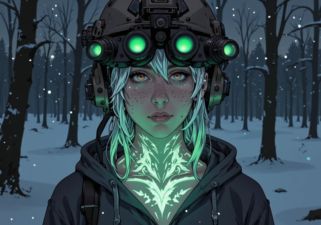 close-up stylized graphic novel anime of upper body shot of young woman wearing n0ds featuring a high tech military helmet front mounted quad-tube panoramic optical device with 4 green lenses in a tan colored housing arranged horizontally above her eye line, she has white colored bangs and freckles, wearing a baggie hoodie, snowing forest ag night, luminescent green bio ink designs on her exposed skin on her neck, (bio ink:0.5)<lora:n0ds_epoch_23.safetensors:1.0:1.0> <lora:BioInk2FLUX.safetensors:0.5:0.5>