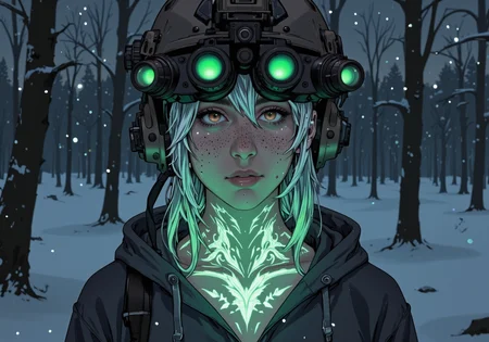 close-up stylized graphic novel anime of upper body shot of young woman wearing n0ds featuring a high tech military helmet front mounted quad-tube panoramic optical device with 4 green lenses in a tan colored housing arranged horizontally above her eye line, she has white colored bangs and freckles, wearing a baggie hoodie, snowing forest ag night, luminescent green bio ink designs on her exposed skin on her neck, (bio ink:0.5)<lora:n0ds_epoch_23.safetensors:1.0:1.0> <lora:BioInk2FLUX.safetensors:0.5:0.5>