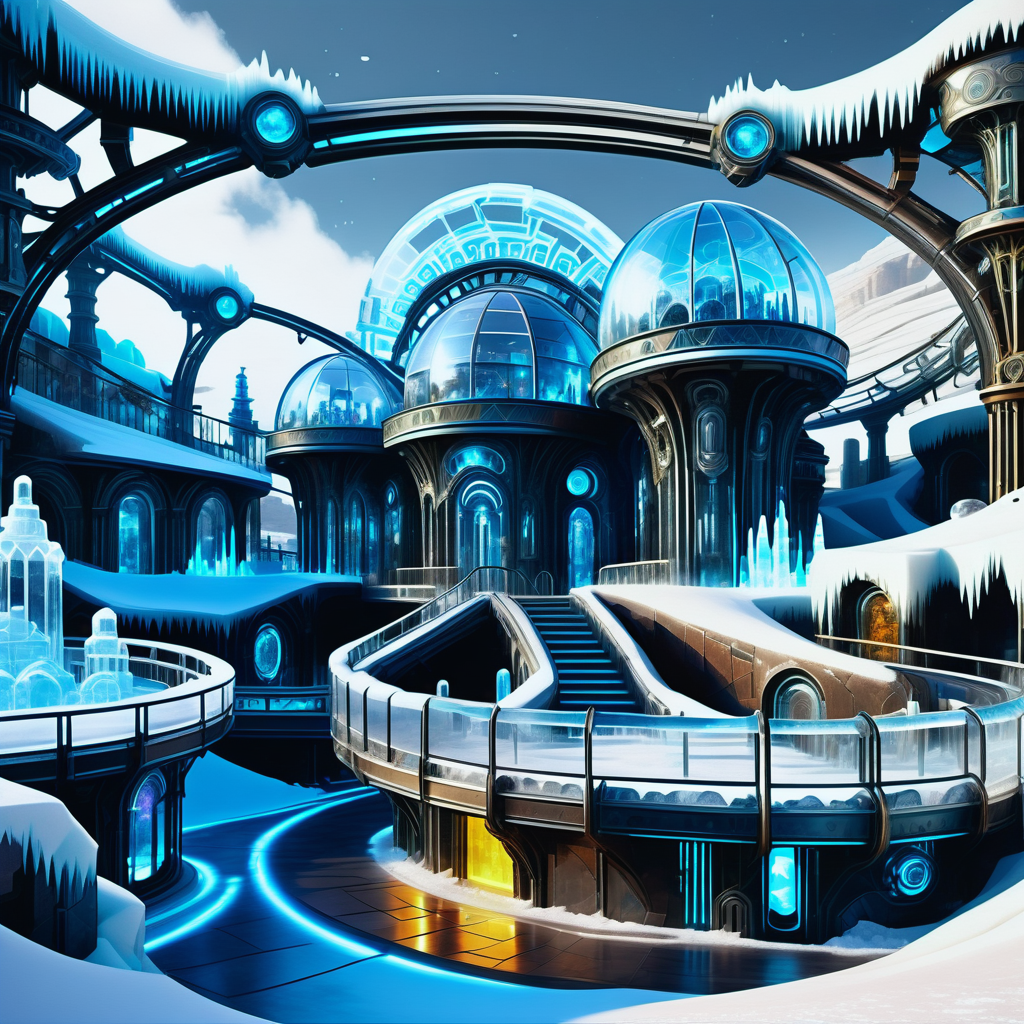 hyper detailed masterpiece, dynamic realistic digital art, awesome quality,DonMFr0stP4nkXL amusement parks, sandstone,rammed earth,slate tiles roof,metal cladding, pathway lights, motion sensor lights,snow, ice  <lora:DonMFr0stP4nkXL-000006:1>