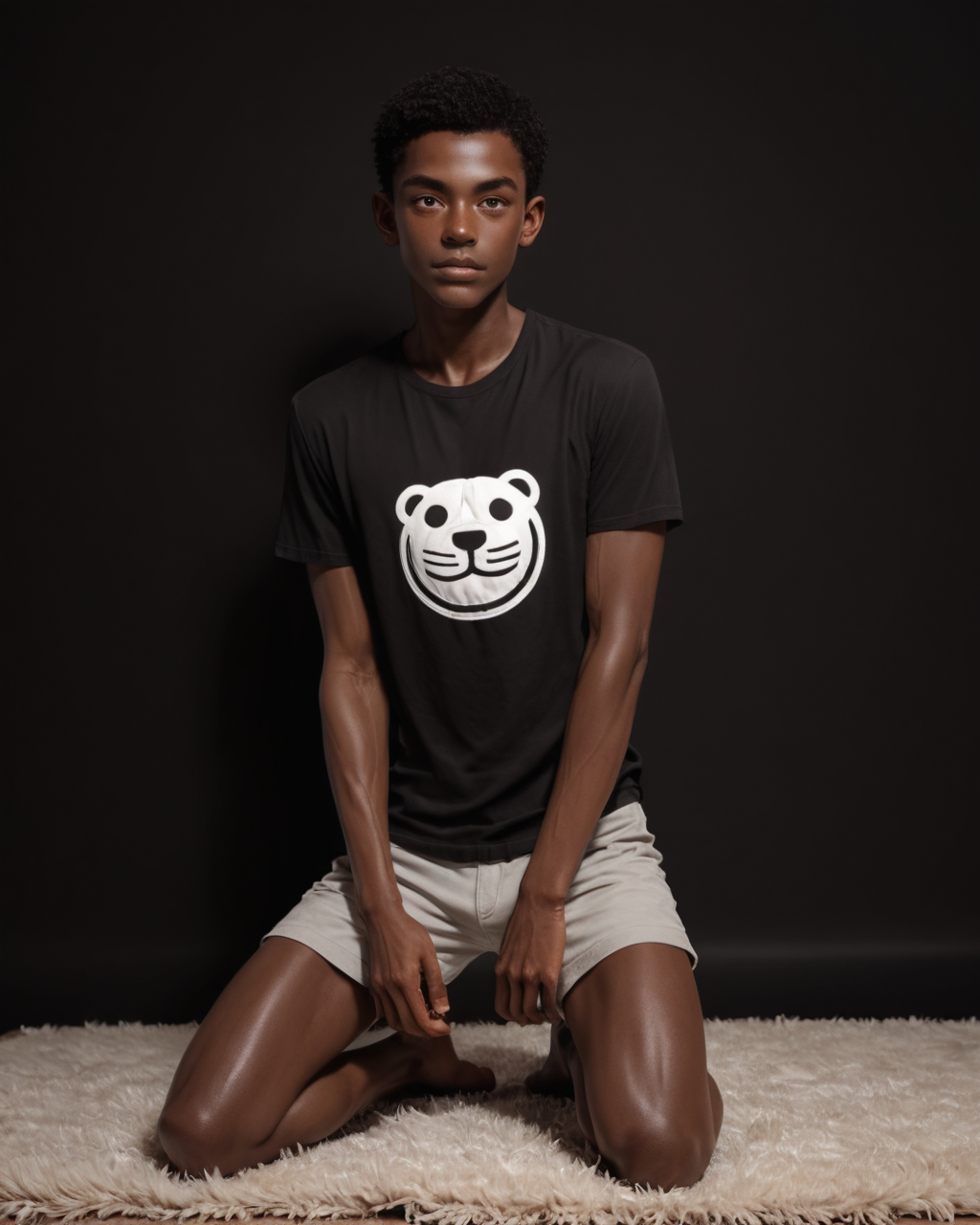 score_9, score_8_up, score_7_up, score_6_up, score_5_up, score_4_up, rating_questionable,
<lora:Alenaaenami:1>,
intricately detailed, photo studio with black backdrop, black background, thick plush carpet, full body, 
1boy(human male, slender, skinny twink, black skin, african, young black man, low muscle, thin, glistening skin, handsome, sexy, seductive, posing, looking at the viewer, friendly expression, kneeling:2, bare feet, comfortable t-shirt, shorts),
<lora:xl_more_art-full_v1:0.4>,
<lora:add-detail-xl:0.4>