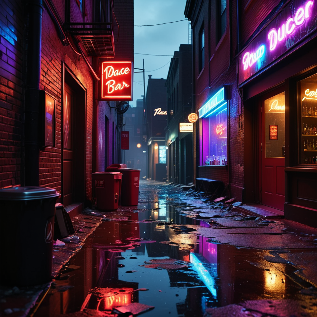 A dark and grimy alleyway behind a dance bar at night, illuminated by dim, flickering neon lights in shades of red and purple. The alley is narrow and lined with aged, graffiti-covered brick walls. Scattered trash and puddles reflecting the dim light create a gritty atmosphere. The scene feels damp and unwelcoming, with faint traces of smoke and steam rising from a nearby vent. Broken glass and discarded items litter the uneven ground. The distant hum of a neon sign and faint sounds of music leaking from the bar add to the urban, moody ambiance of the night.
<lora:SDXLFaeTastic2400:0.4> <lora:extremely_detailed:0.4> extremely detailed, Masterpiece,best quality,hi res,8k,hi res,8k,award winning,(sharp focus, intricate, highly detailed),