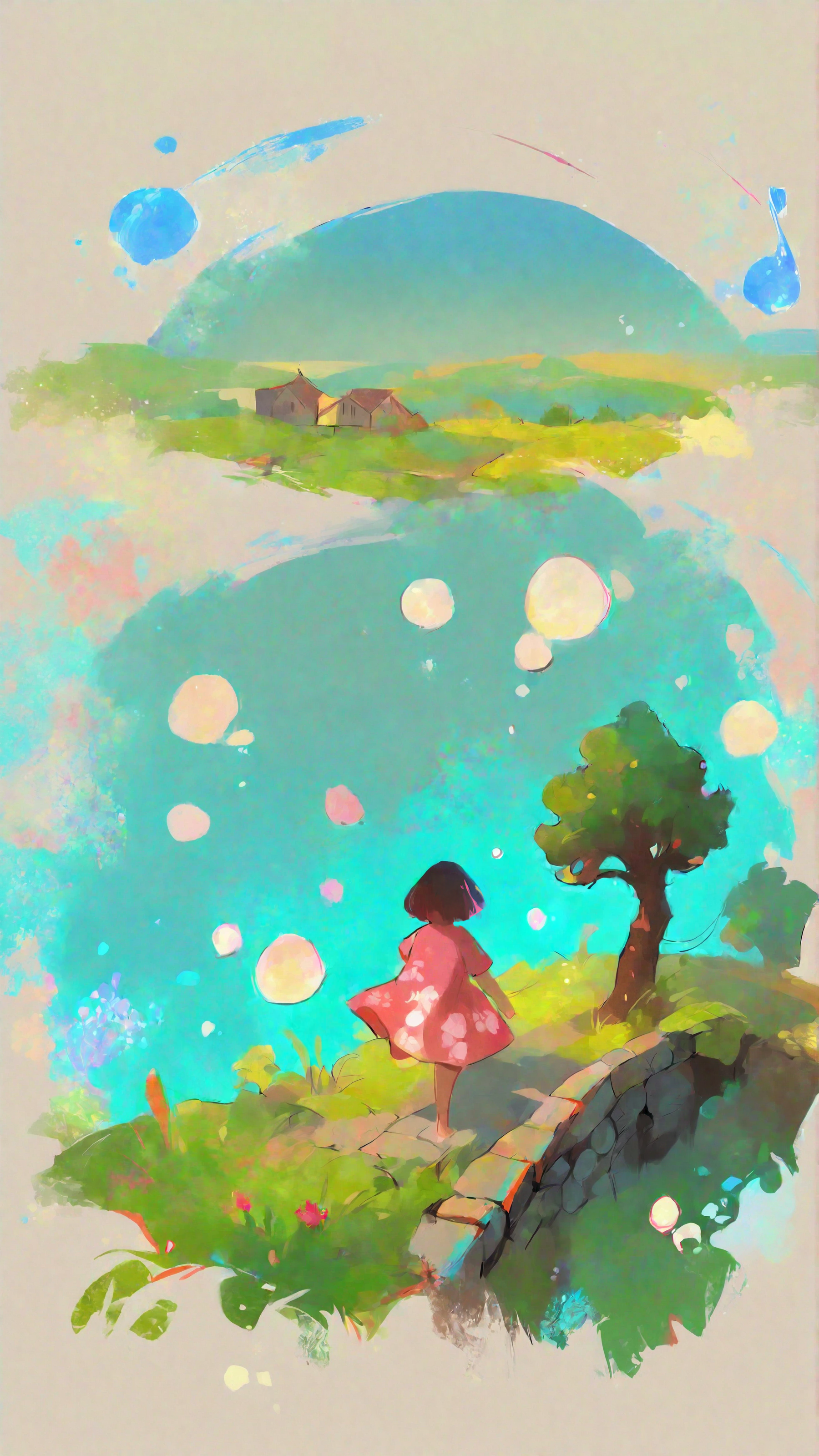 masterpiece, newest,absurdres,incredibly absurdres, best quality, amazing quality, very aesthetic, child's drawing, 
1girl, scenery,tree, fild, stone wall, village, horizon, running, floating skirt, floral print, bubble background, 
 <lora:style1_v1_Illusv2.0_1:1> stylized  <lora:0__11Xx:1> 0__11Xx_illu