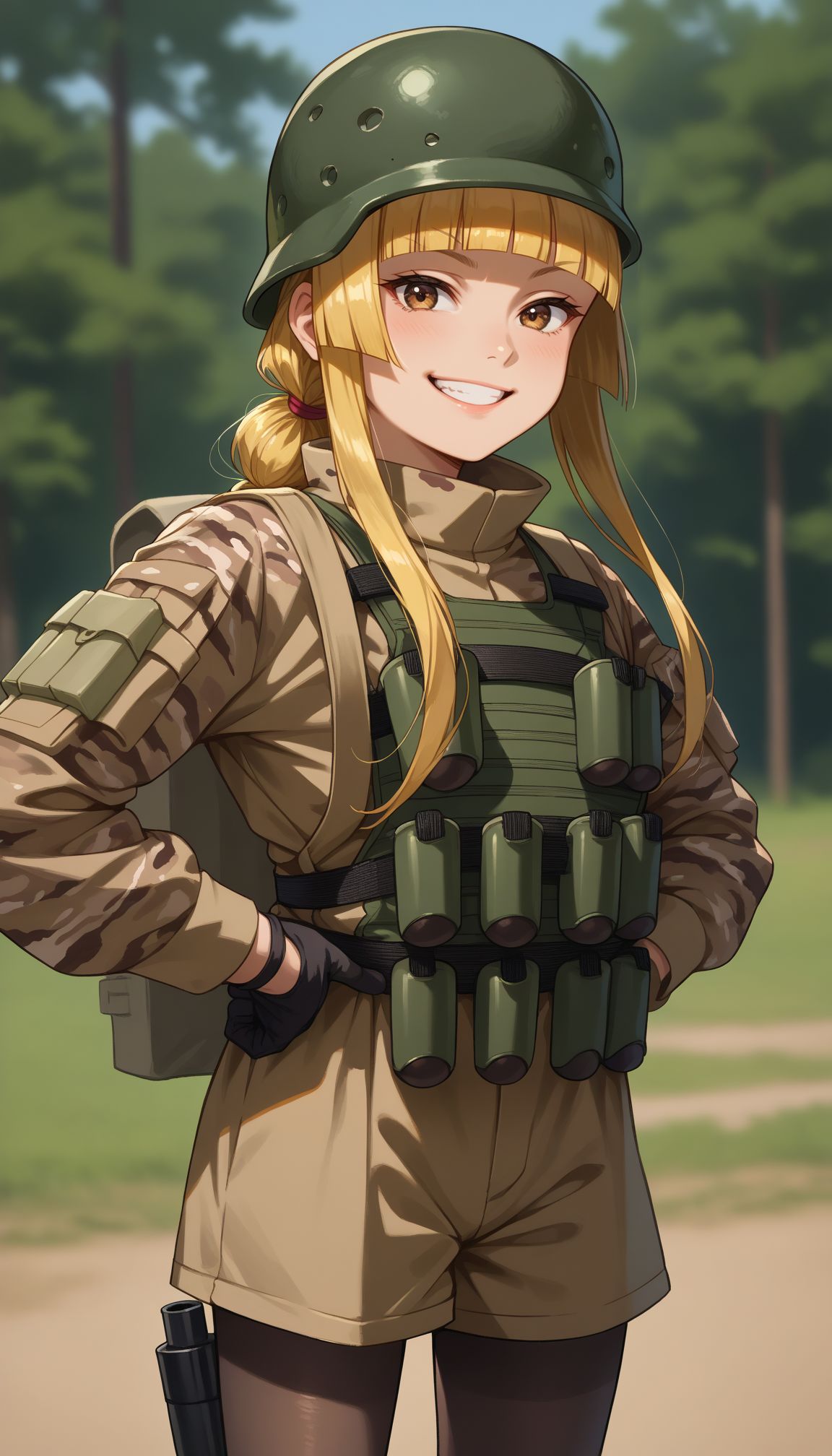 score_9, score_8_up, score_7_up, score_6_up, , solo, 20yo woman, (Beuty:1.1) , (cute:1.3), ,perfecteyes , seductive smile,perfect (photo realistic:1.2), (simple background:1.1), 
 <lora:Fukaziroth:1> fukaziroh_(sao) , 1girl, blonde hair, helmet, smile, shorts, looking at viewer, hands on hips, grin, brown eyes, long hair, military uniform, blurry background, holster, camouflage jacket, black gloves, long sleeves, cowboy shot, blunt bangs, smug, pantyhose, explosive, weapon, grenade, soldier, tree, outdoors, smirk