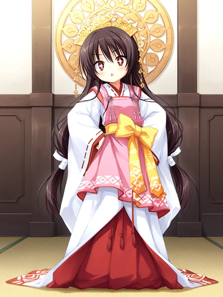 <lora:il-unohana-sakuya-KAMI>,il-unohana-sakuya,1girl,ukami outfit,solo,red eyes,very long hair,wearing a pure white furisode kimono with long flowing sleeves and a floor-length hem,layered with red and pink fabrics,a pink upper long apron integrated into the outfit,shrine maiden ceremonial outfit,ribbon-trimmed sleeves,golden headdress,a large decorative yellow and orange bow tied diagonally across the front waist,elegant white gown with a trailing hem,a ceremonial deep red pleated inner garment trailing beneath the outer white kimono,aged down,
<lora:add-detail-xl:1>,<lora:ponyv4_noob1_2_adamW-000017:0.8>,wear clothes,<lora:mumyousakanagareillv1.1:0.8>,mumyou-sakanagare,holding sword,blade insert to floor,leaning back,crooked waist,significant bending,leaning to the side,bent neck,
blush,+ +,suprised,:<,triangle mouth,cross-eyed,