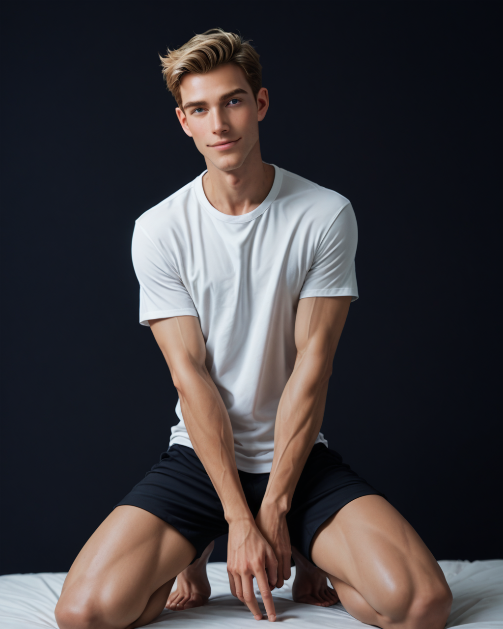 score_9, score_8_up, score_7_up, score_6_up, score_5_up, score_4_up, rating_questionable, 
<lora:Jabstyle_AMXLV1:1>,Jabstyle,
intricately detailed, photo studio with black backdrop, black background,
1boy(human, glistening skin, handsome, sexy, seductive, posing, looking at the viewer, friendly expression, kneeling,
pale skin, european, blond hair, 
bodybuilder, 
loose t-shirt, shorts),
depth of field, 
<lora:xl_more_art-full_v1:0.4>,
<lora:add-detail-xl:0.4>