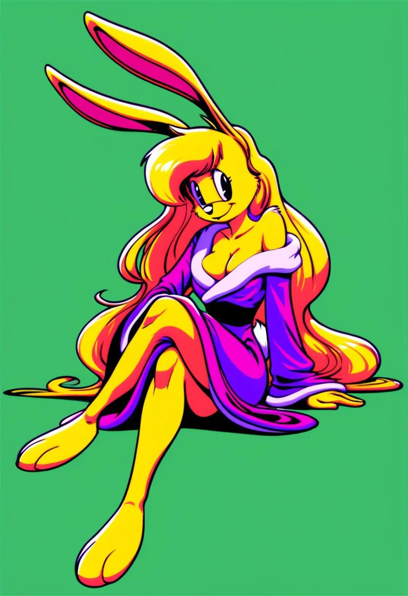 score_9, score_8_up, score_7_up, score_6_up, score_5_up, score_4_up, retro artstyle, BREAK
LoriJackRabbitPXL, rabbit girl, long blonde hair, yellow fur,1girl, solo, breasts, yellow hair, furry female, furry, sitting, long hair, very long hair, green background, crossed legs, black eyes, animal ears,rabbit tail, smile, robe, wide sleeves, full body, animal nose, cleavage, looking at viewer, off shoulder, absurdly long hair, closed mouth,yellow fur,rabbit girl,rabbit ears, medium breasts,rabbit tail, eyeshadow, dress, flat color, no bra, simple background, bare shoulders, body fur
<lora:lorijackrabbit-v1:0.9>