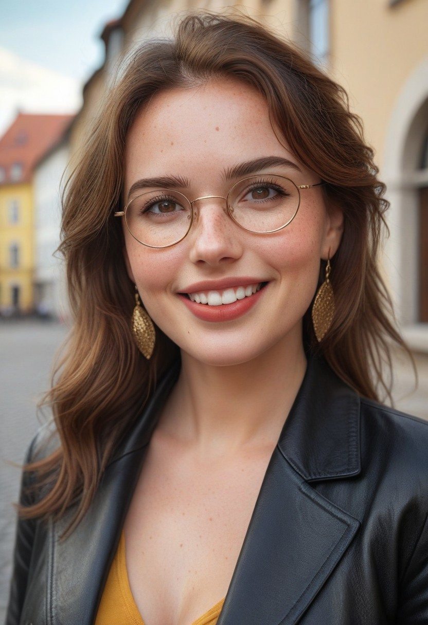 masterpiece, hyperrealistic, epicRealism, UHD, 8k, photography, cowboy shot, makeup, beautiful, beautiful eyes, long eyelashes, freckles, detailed mouth and eyes, white teeth, perfect teeth, detailed lips, red lipstick, detailed face, perfect and delicate hands, gorgeous woman, cute face, petite, smile, big smile, white teeth, dark eyeliner, beautiful woman, freckles, Expressiveh, 1girl, gorgeous 40 years old woman,( cute woman, cute face, mature), focus on girl, dynamic lighting, cinematic take, cinematic lighting, award-winning photo, skin texture, vivid natural colors, full ultra HD 8k quality, masterpiece, best quality, highly detailed, overall detail), skin details,realistic skin, medium breasts, round natural breasts, fit, brunette wavy hair, vivid brown eyes, large round glasses, front view, in a German old town, daytime, wearing a black leather jacket, yellow blouse, crucifix pendant in a long leather cord dangling between breasts, small golden earrings, brown trousers and knee-high black boots, natural sunlight, daytime, (shallow depth of field, boken, warm light). volumetric lighting, vivid colours,