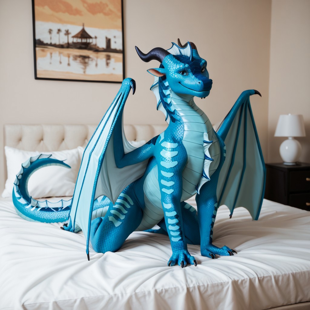 score_9, score_8_up, score_7_up, score_6_up, score_5_up, score_4_up, masterpiece, high quality, realistic, detailed, best quality, white bed, solo, rating_safe, source_furry, bedroom, smiling, seductive, looking at viewer, on bed, full body, Seawing, Seawing scale pattern, dragon, scales, wings, horns, tail, fins, claws, chest fins, Tsunami_wof, blue scales, female