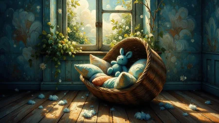<lora:ck-swirlycircles-000015.safetensors:1> digital artwork in the style of ck-swc
In the throes of an inexplicable tempest, a wicker basket, once a cozy haven, now lies askew on a splintered wooden floor. The pastel-colored cushions, once soft and inviting, are now disheveled, their colors dulled and muddied. The plush, blue-toned stuffed animal, a rabbit or perhaps a mouse, clings desperately to the edge of the basket, its stuffing spilling out in ragged tufts. The basket trembles as if alive, echoing the restless, jagged lines of the shattered window frame.
Through the partially open window, a once serene garden is now a chaotic vortex of swirling leaves and shadows, the greenery whipped by violent gusts of wind. The vintage window, its hinges groaning, twists and contorts, casting erratic shadows on the blue-green walls. The walls themselves seem to pulse, their colors shifting from a calming blue-green to a sickly, desaturated gray.
The warm, golden sunlight, now a harsh, piercing glare, dances wildly across the room, casting long, distorted shadows that seem to writhe and twist. The air is thick with tension, the very atmosphere seeming to quiver with the anticipation of some unseen, malevolent force. Every element in the scene is in a state of flux, contributing to a sense of unsteady, jittery movement, where the boundaries between reality and nightmare blur.