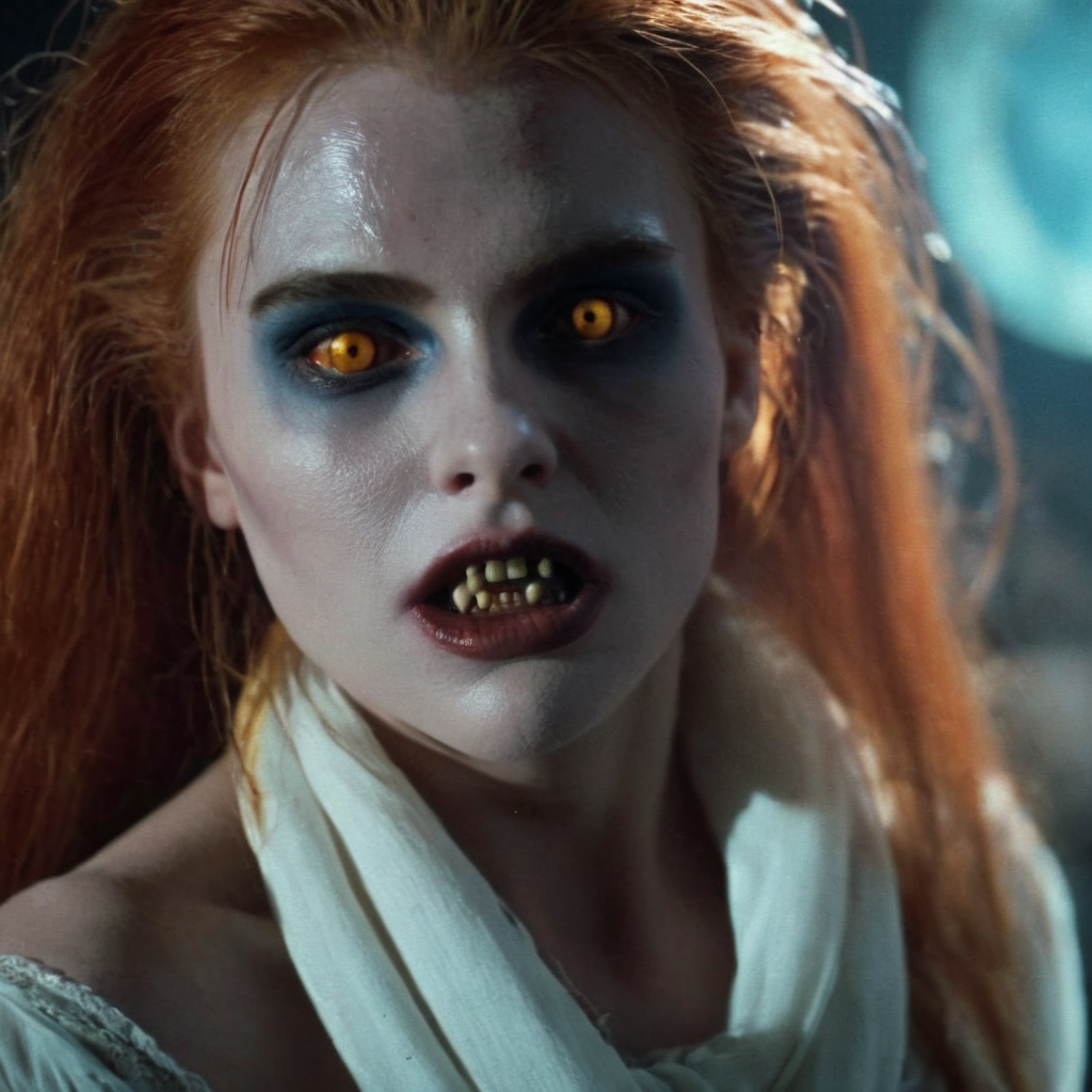 Horror-themed,  <lora:Fright Night 1985 Film Style:1>
Cinematic Closeup Shot Film Footage captured by Panavision Cameras and Lenses, vampire creature, Amy a vampire in a white scarf dress with a creature face and scary monster teeth staring at camera with red yellow eye lenses and long orange red hair and vampire makeup with a creepy look on her face in a room with cool blue dramatic light on Fright Night 1985 Film Style, Eerie, unsettling, dark, spooky, suspenseful, grim, highly detailed