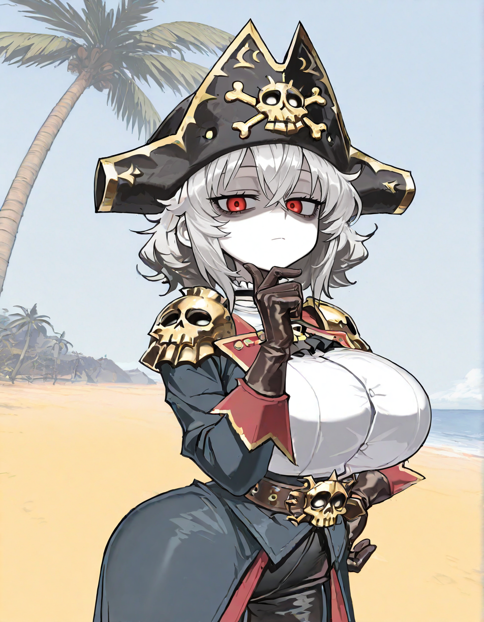 (2D,masterpiece,best quality,amazing quality, high resolution,looking at viewer,ultra-detailed,1 girl,solo,source_anime,cute,curvy,lovely,huge_breasts,beach,palm tree),Vampire Fleet Admiral,gray hair,pale skin,black shoulder armor,tricorne,sheath,medium hair,messy hair,crossed_bangs,red eyes,blank stare,expressionless,bags under eyes,pale skin,shaded face,Closed_mouth,out fang,cyan jacket,white shirt,leather belt,tsurime,gold skull decorated pirate hat,gloves,Shortstack,(hand_on_own_chin:1.2),be in the sun,one hand on hip,<lora:Vampire_Fleet_Admiral:1> ,<lora:ValbunStyle-IL:0.7>