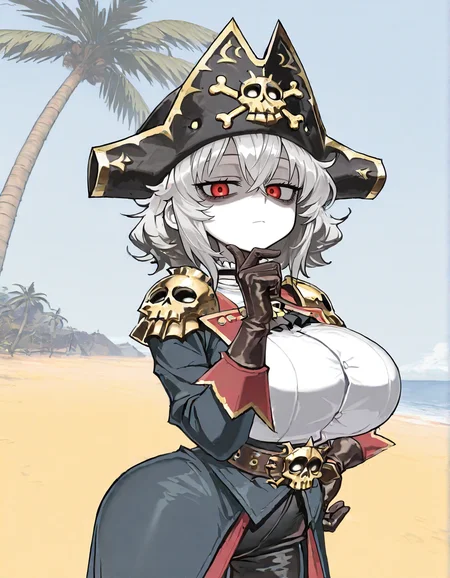 (2D,masterpiece,best quality,amazing quality, high resolution,looking at viewer,ultra-detailed,1 girl,solo,source_anime,cute,curvy,lovely,huge_breasts,beach,palm tree),Vampire Fleet Admiral,gray hair,pale skin,black shoulder armor,tricorne,sheath,medium hair,messy hair,crossed_bangs,red eyes,blank stare,expressionless,bags under eyes,pale skin,shaded face,Closed_mouth,out fang,cyan jacket,white shirt,leather belt,tsurime,gold skull decorated pirate hat,gloves,Shortstack,(hand_on_own_chin:1.2),be in the sun,one hand on hip,<lora:Vampire_Fleet_Admiral:1> ,<lora:ValbunStyle-IL:0.7>