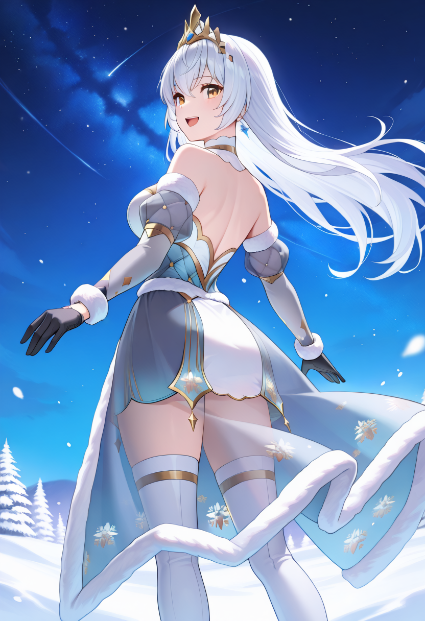 masterpiece, best quality,
KRGlenwysCMS, 1girl,snowflake print, solo,tiara, black gloves, strapless dress, detached sleeves,detached collar, yellow eyes, white hair, fur-trimmed sleeves, thigh boots, grey sleeves, see-through, gem, white dress, blue dress, blue gemstone, two-tone dress,high-low skirt, long sleeves, apart legs,standing,from behind,floating skirt,floatin hair,smile,open mouth,looking back,night,star,sky