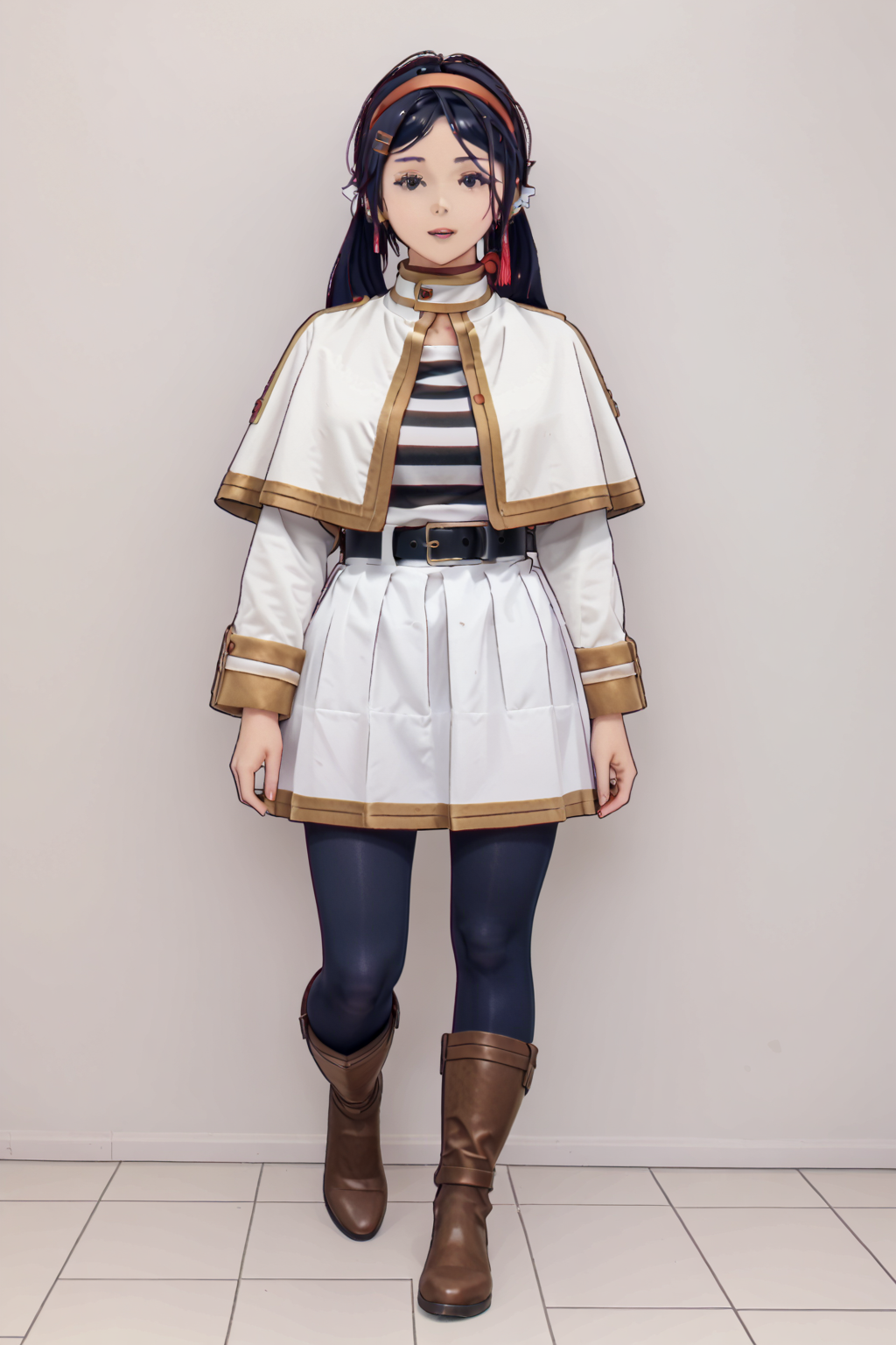 breasts,digital illustration, charact portrait, source_anime,anime coloring,1girl, <lora:mita.pony:1>mita <lora:SousouNoFrieren_FrierenXL:1> Casual, striped shirt, white capelet, black belt, white skirt, long sleeves, black pantyhose,brown boots, earrings,, Score_9, Score_8_up, Score_7_up, Score_6_up, Score_5_up, Score_4_up, BREAK, in full growth, best quality, masterpiece, ultra-detailed, high quality,good quality(master piece,high resolution, ultra detailed,8K,16K),look at viewer