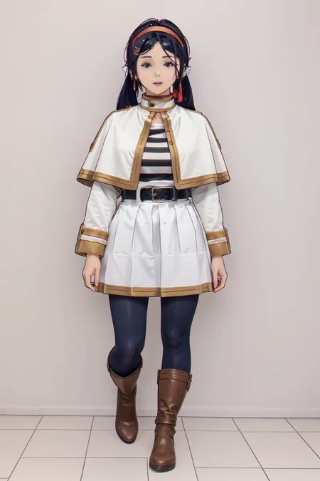 breasts,digital illustration, charact portrait, source_anime,anime coloring,1girl, <lora:mita.pony:1>mita <lora:SousouNoFrieren_FrierenXL:1> Casual, striped shirt, white capelet, black belt, white skirt, long sleeves, black pantyhose,brown boots, earrings,, Score_9, Score_8_up, Score_7_up, Score_6_up, Score_5_up, Score_4_up, BREAK, in full growth, best quality, masterpiece, ultra-detailed, high quality,good quality(master piece,high resolution, ultra detailed,8K,16K),look at viewer